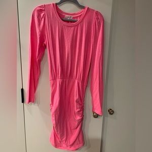Sundry Anthropologie Puff Sleeve Ruched Stretch Cotton Mini Dress Neon Pink 1